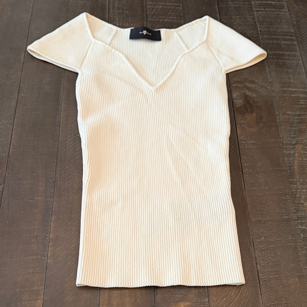 7 For All Mankind Cream Ribbed Short Sleeve Tee